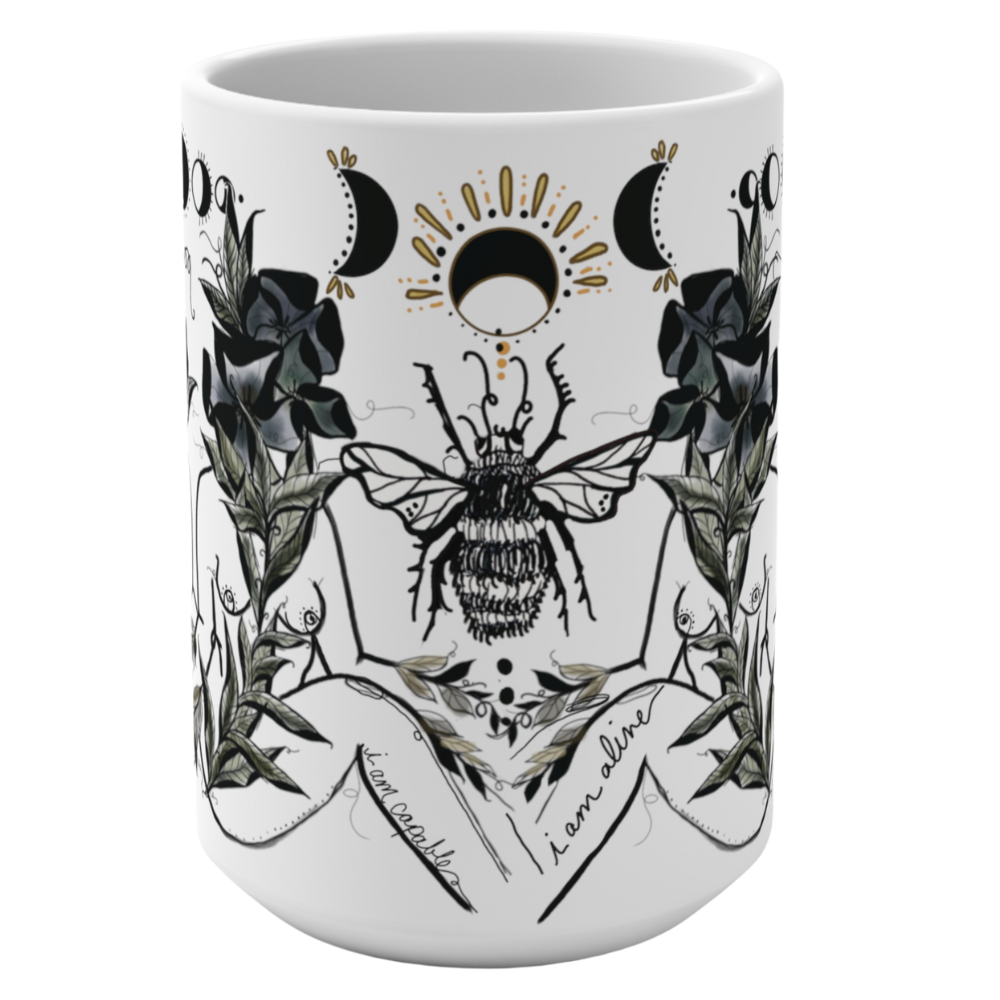 Purple Floral Sisters and Bee, White Ceramic Mug 15oz