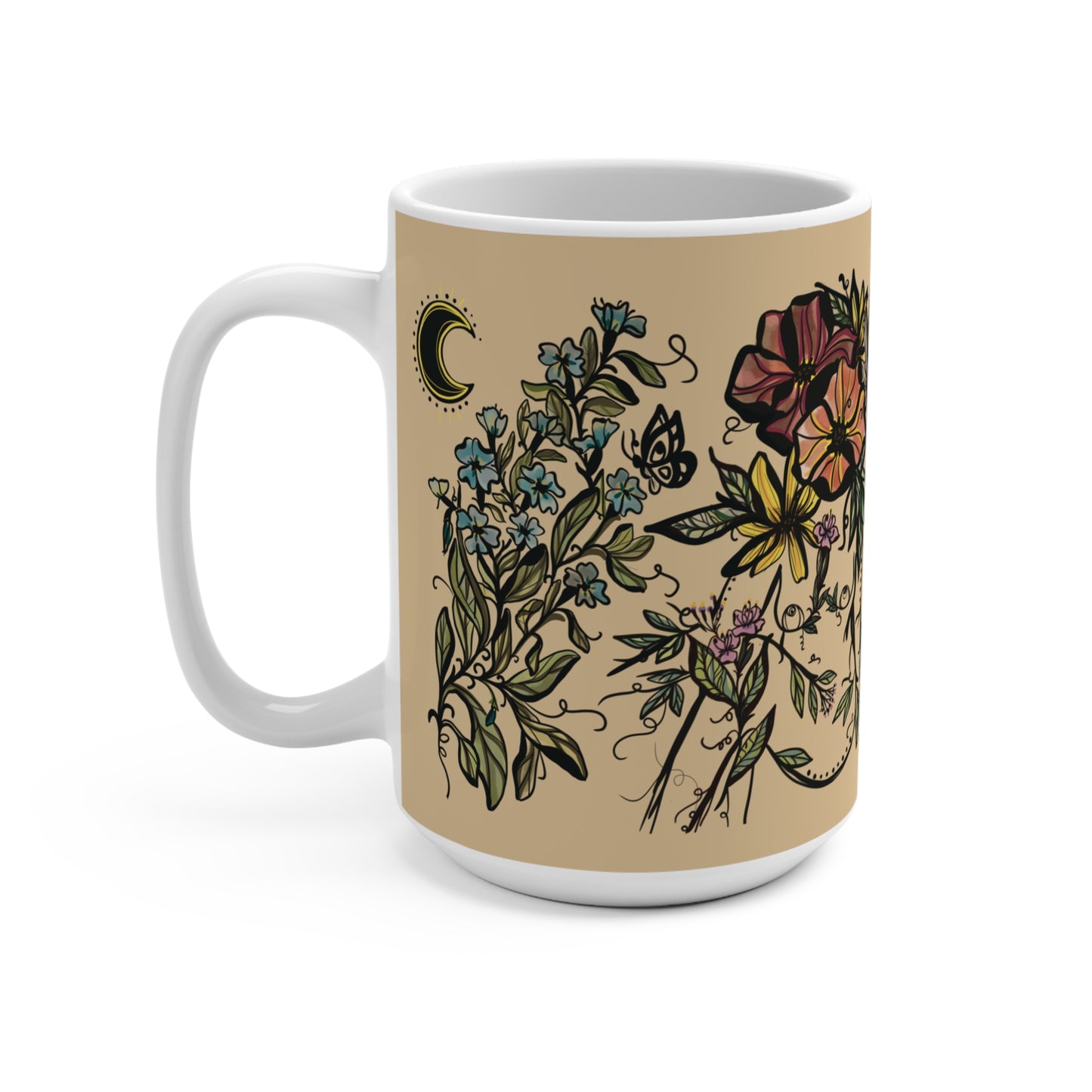Flora Sisters and Moth, Tan and White Ceramic Mug, 15oz