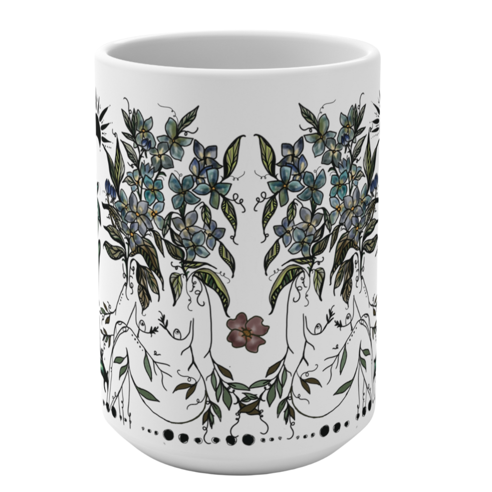 Blue Hydrangeas Sisters, White Ceramic Mug, 15oz