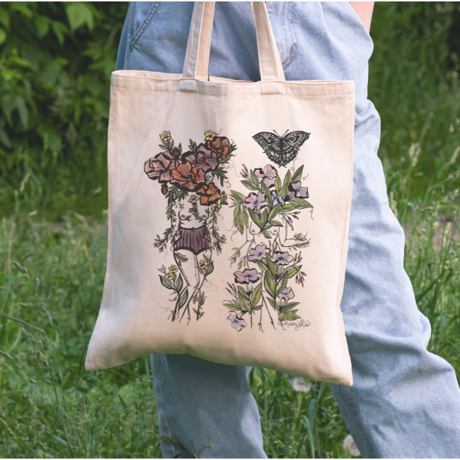 Rosa + Geranium Flora Sisters Canvas Tote Bag, Natural