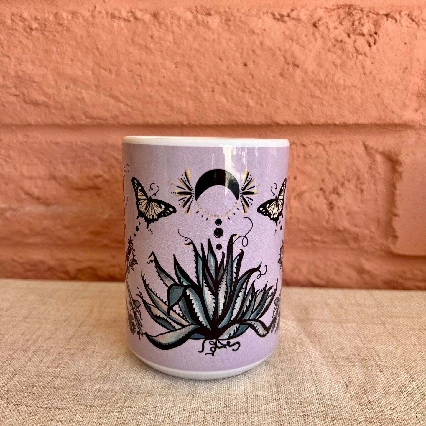 Agave Sisters, White and Lavender Ceramic Mug, 15oz