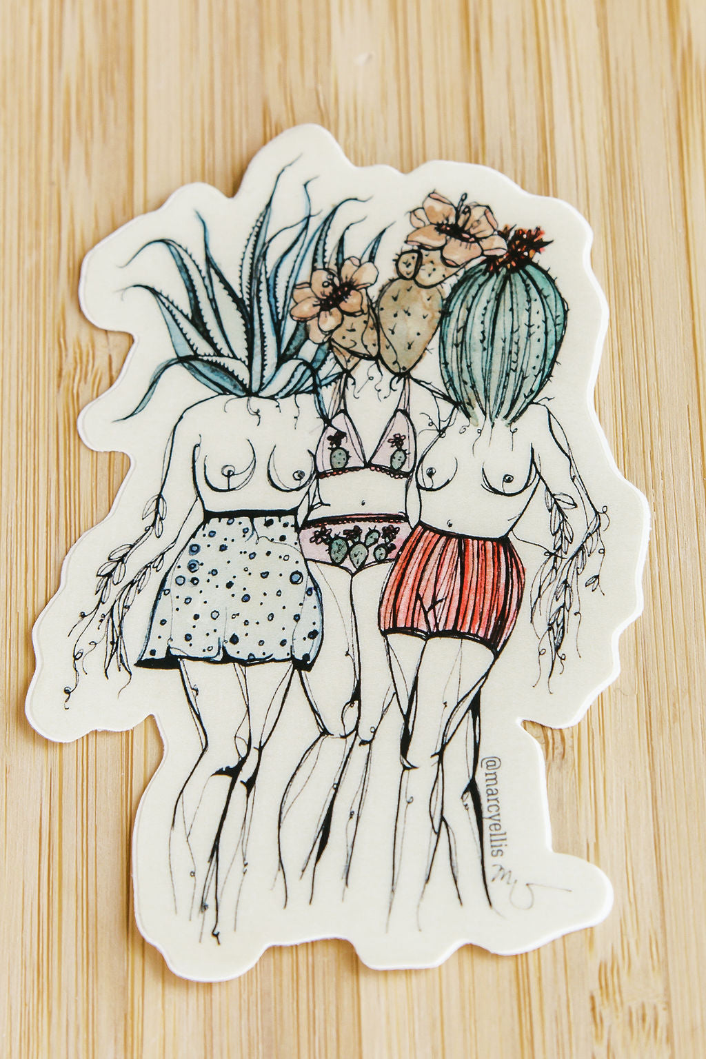 Sticker of two women with plants on a wooden surface