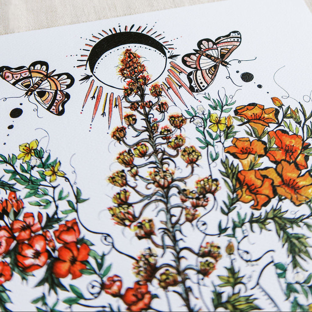 Watercolor art print of two feminine figures with a blooming agave century plant and butterflies on a white background