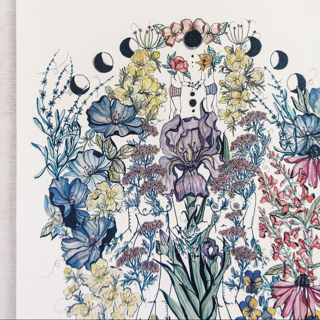 Watercolor art print of feminine figures in a lush botanical garden surrounded by flowers and moon phases on a cream background