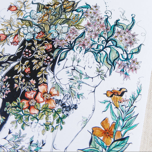 Detail of watercolor art print of three nurturing maternal figures and a baby growing beneath vibrant orange blooms on a white background