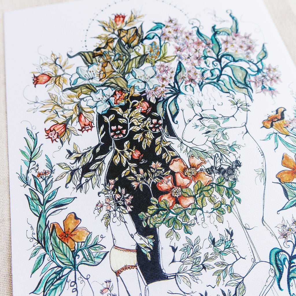 Watercolor art print of three nurturing maternal figures and a baby growing beneath vibrant orange blooms on a white background