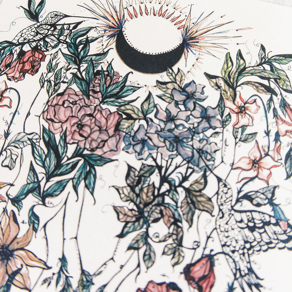 Watercolor art print of two intertwined feminine figures surrounded by blooming florals under a beaming moon
