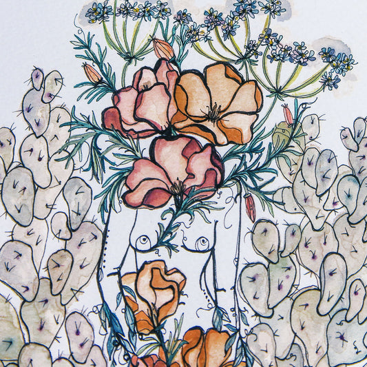 Close up detail of watercolor art print of a feminine figure standing atop mountains with orange poppies and purple prickly pear cacti in a desert landscape
