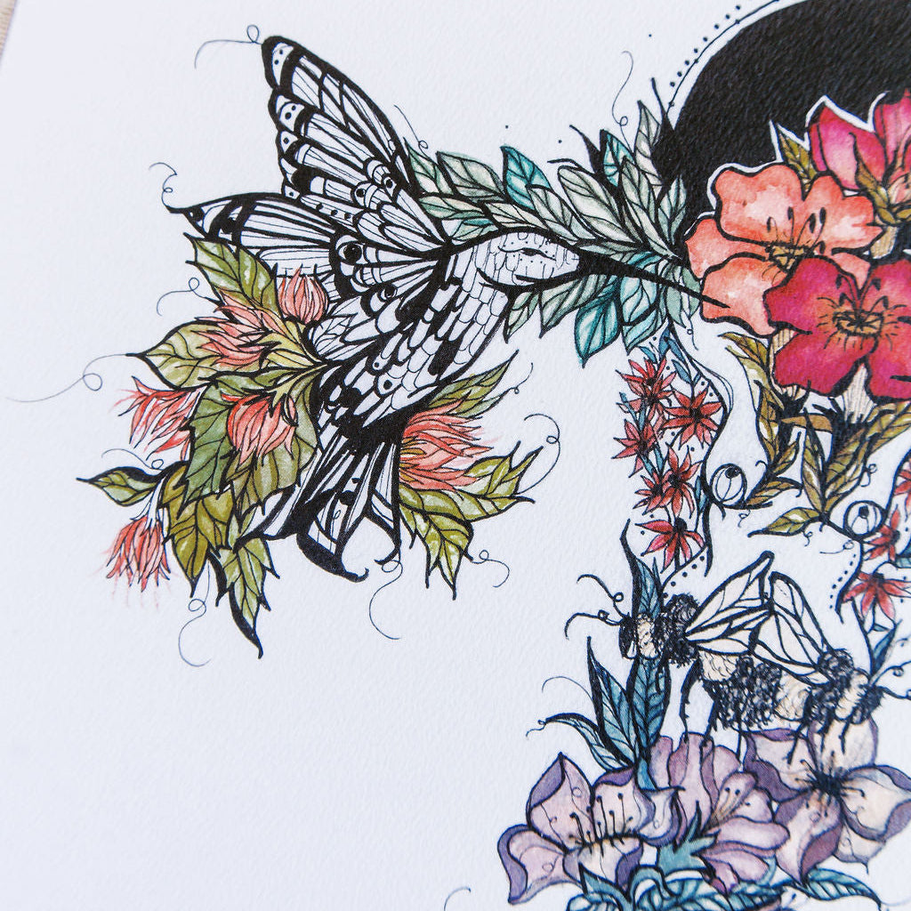 My Power watercolor art print, close-up detail of hummingbirds and florals