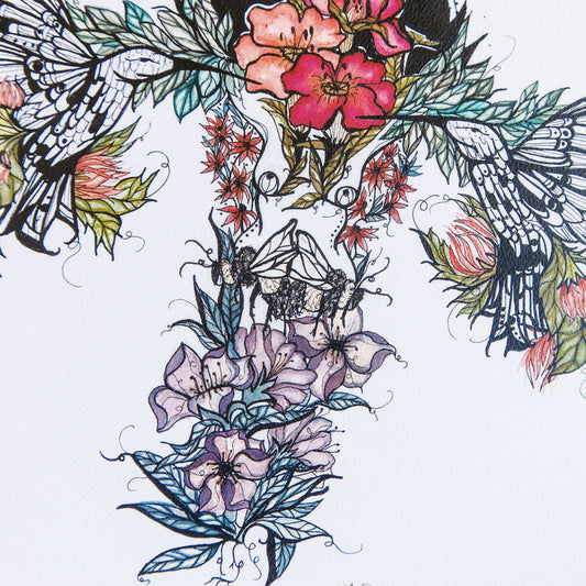 My Power watercolor art print, close-up detail of hummingbirds and florals