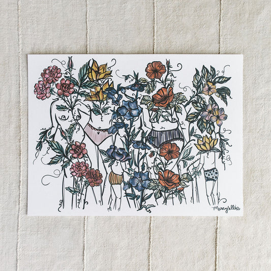 an art print by Marcy Ellis with five botanical figures with flowers growing throughout.
