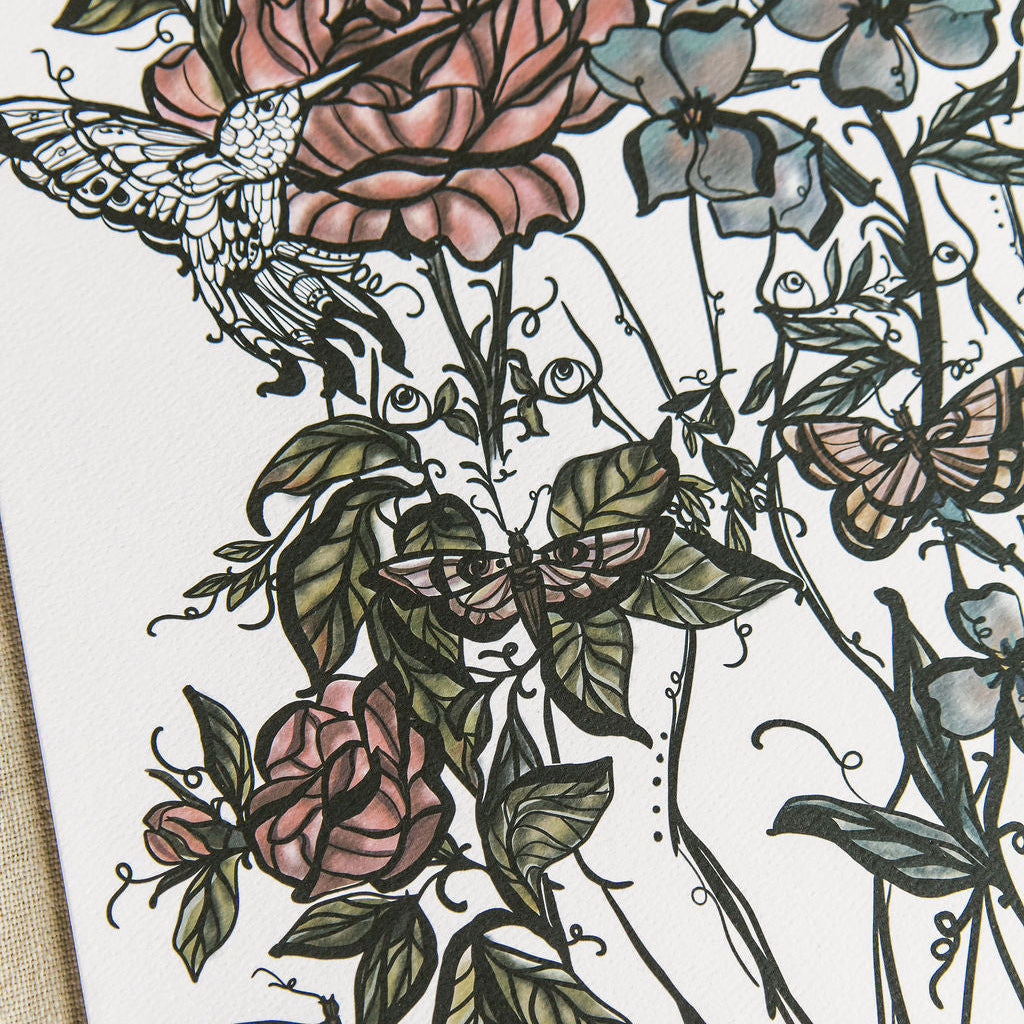 close up of art print featuring two botanical figures by Marcy Ellis.