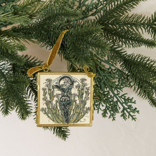 queen of the night double-sided glass frame ornament with night blooming cereus illustration and green velvet ribbon by marcy ellis