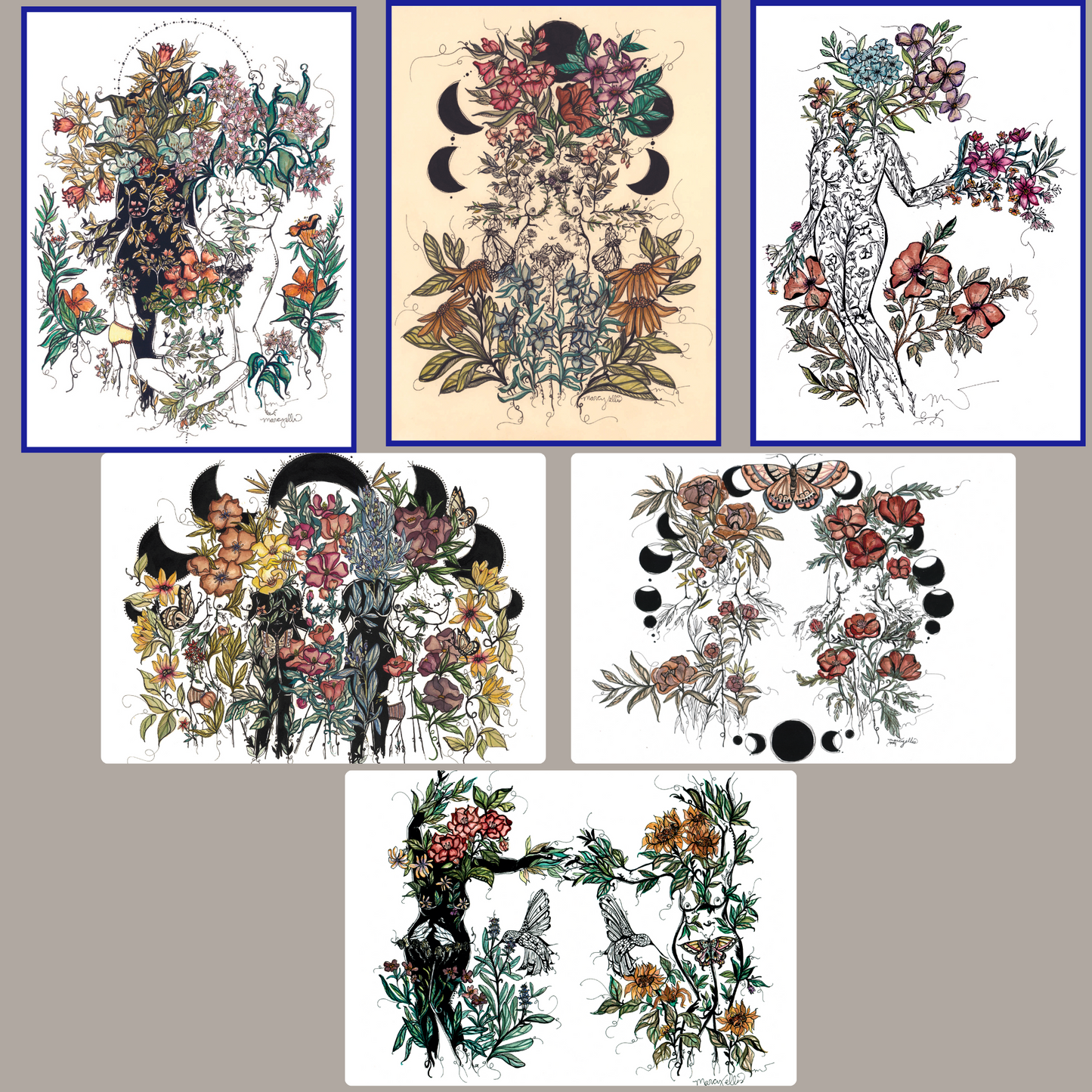 Set of 6 Postcards, Flora Sister Collection
