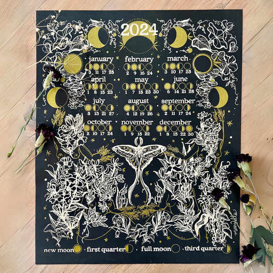 2024 Moon Calendar — Archive Edition Gold Screen Print, Black or White