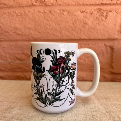 Purple Floral Sisters and Bee, White Ceramic Mug 15oz