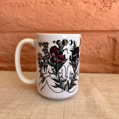 Purple Floral Sisters and Bee, White Ceramic Mug 15oz