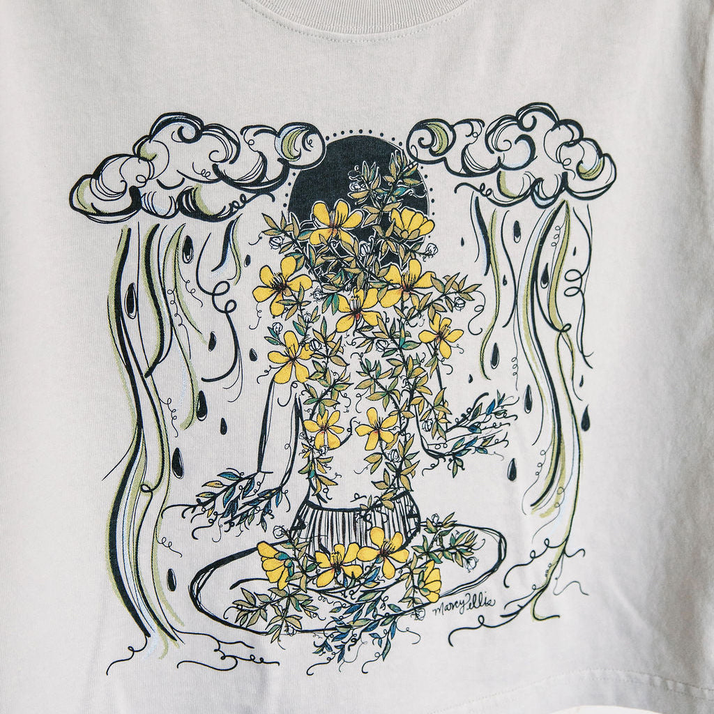 close up details of 6-color screen print with yellow creosote blooms on faded crop tee by marcy ellis