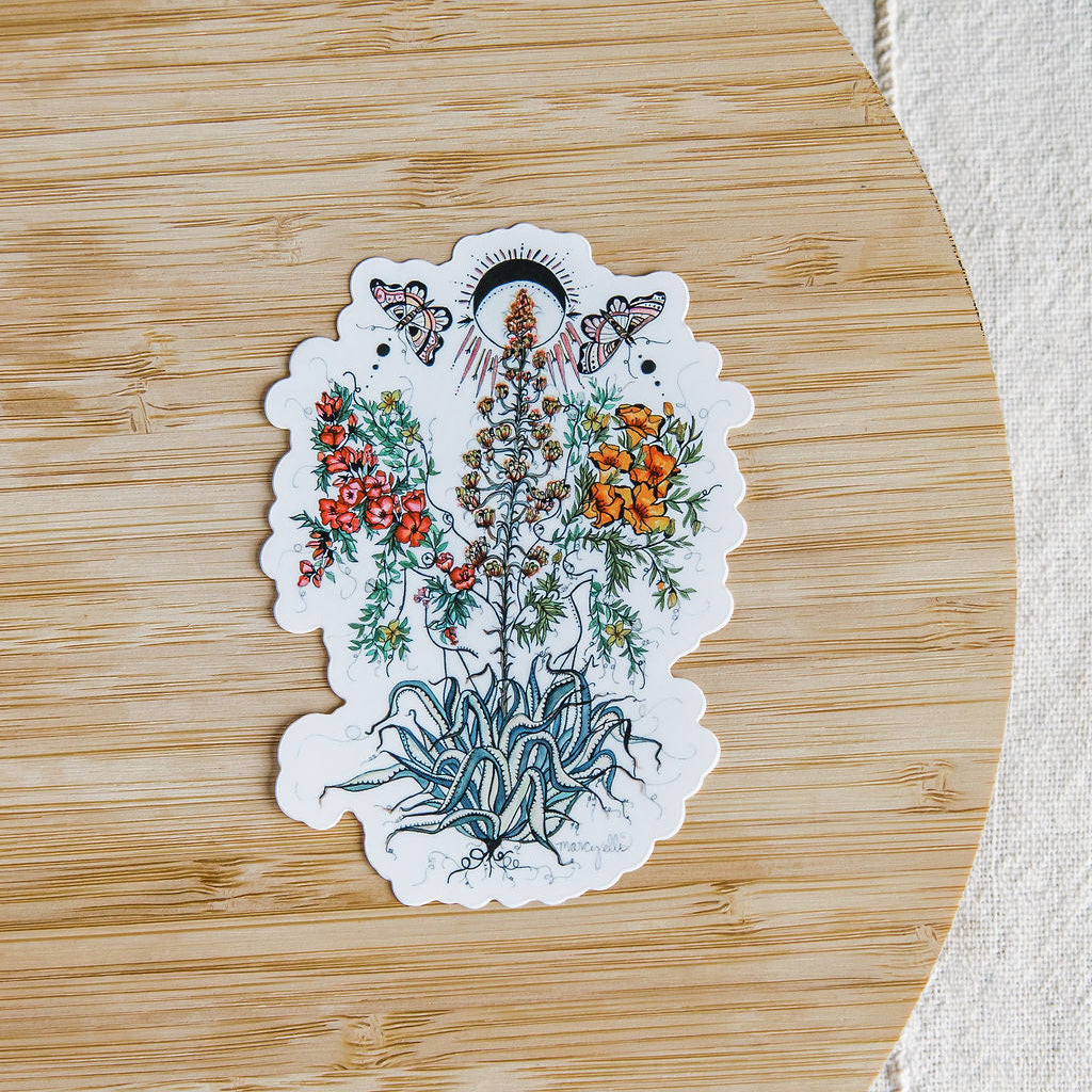 hand-painted watercolor sticker of two feminine figures blooming beside an agave plant. waterproof matte vinyl, designed by tucson artist marcy ellis. a gift for your sister in spirit.