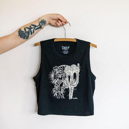 crested saguaro sister screen printed black crop tank with ivory ink illustration by marcy ellis