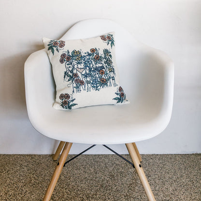 natural linen pillow cover featuring hand-drawn feminine figures blooming among watercolor wildflowers. botanical home decor by tucson artist marcy ellis.