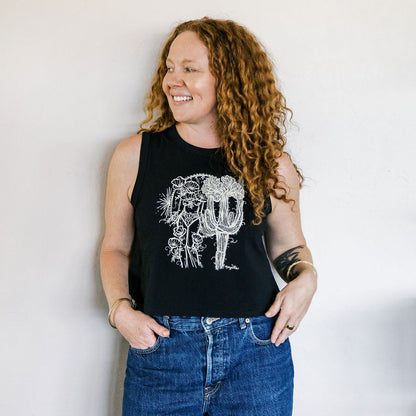 Marcy Ellis wearing crested saguaro sister screen printed black crop tank with ivory ink illustration by marcy ellis