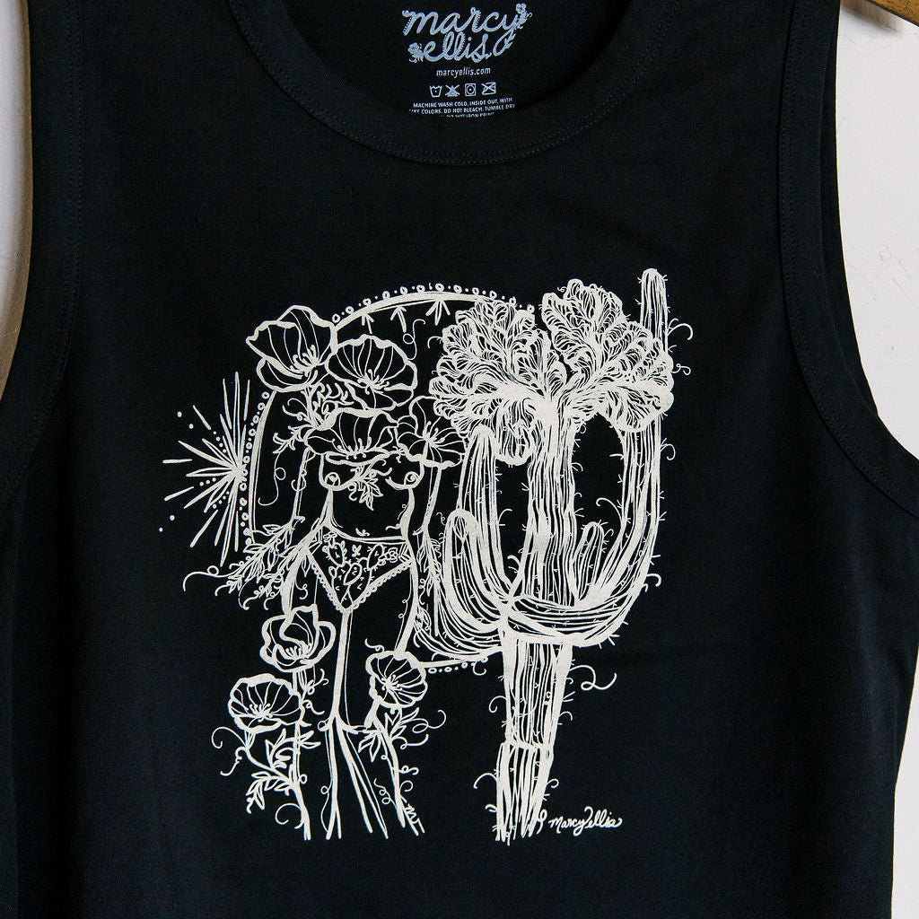 close up detail of crested saguaro sister screen printed black crop tank with ivory ink illustration by marcy ellis