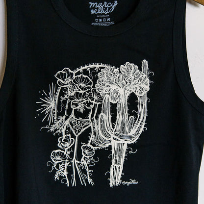 close up detail of crested saguaro sister screen printed black crop tank with ivory ink illustration by marcy ellis