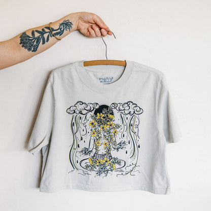 monsoon caller screen printed crop tee with creosote flowers and desert rain clouds by marcy ellis