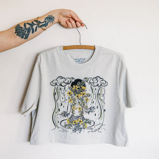 monsoon caller screen printed crop tee with creosote flowers and desert rain clouds by marcy ellis