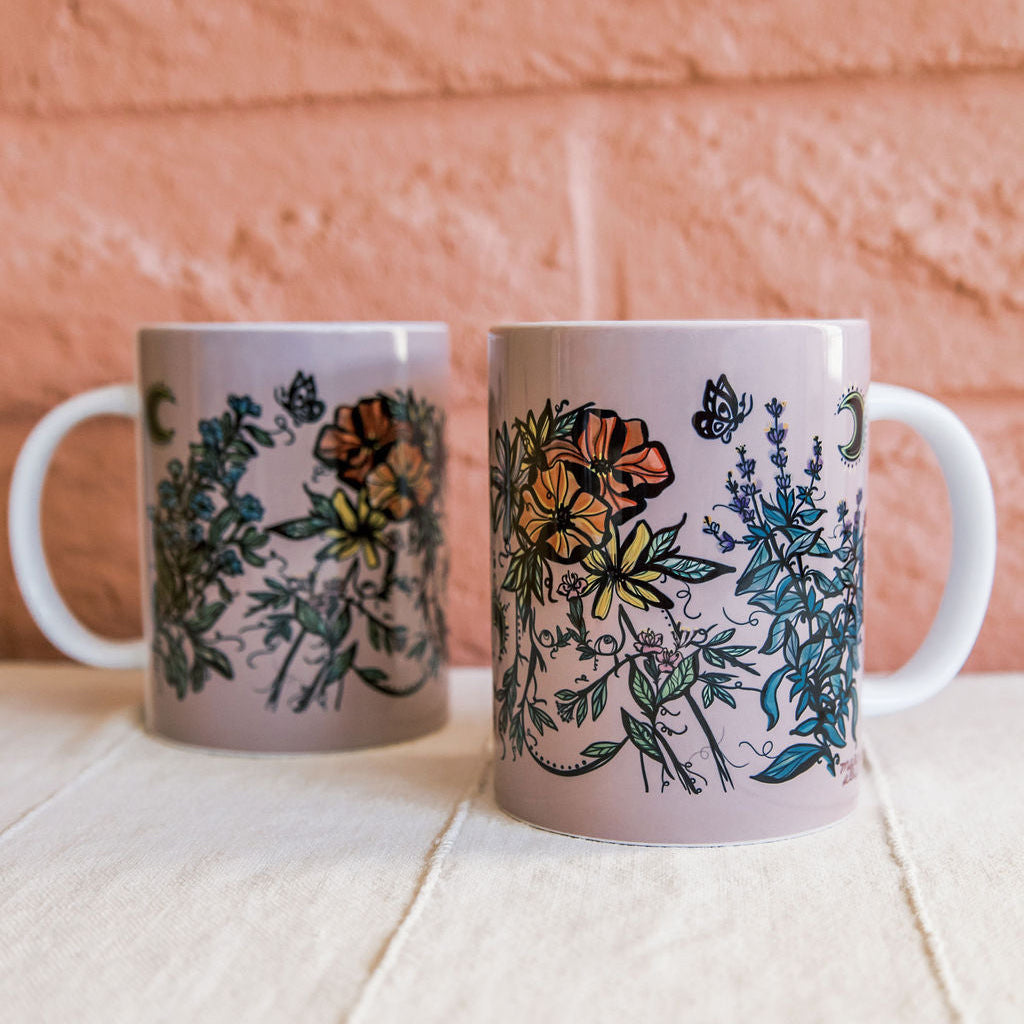 two ceramic flora botanical women with butterflies on a ceramic 15oz mug 