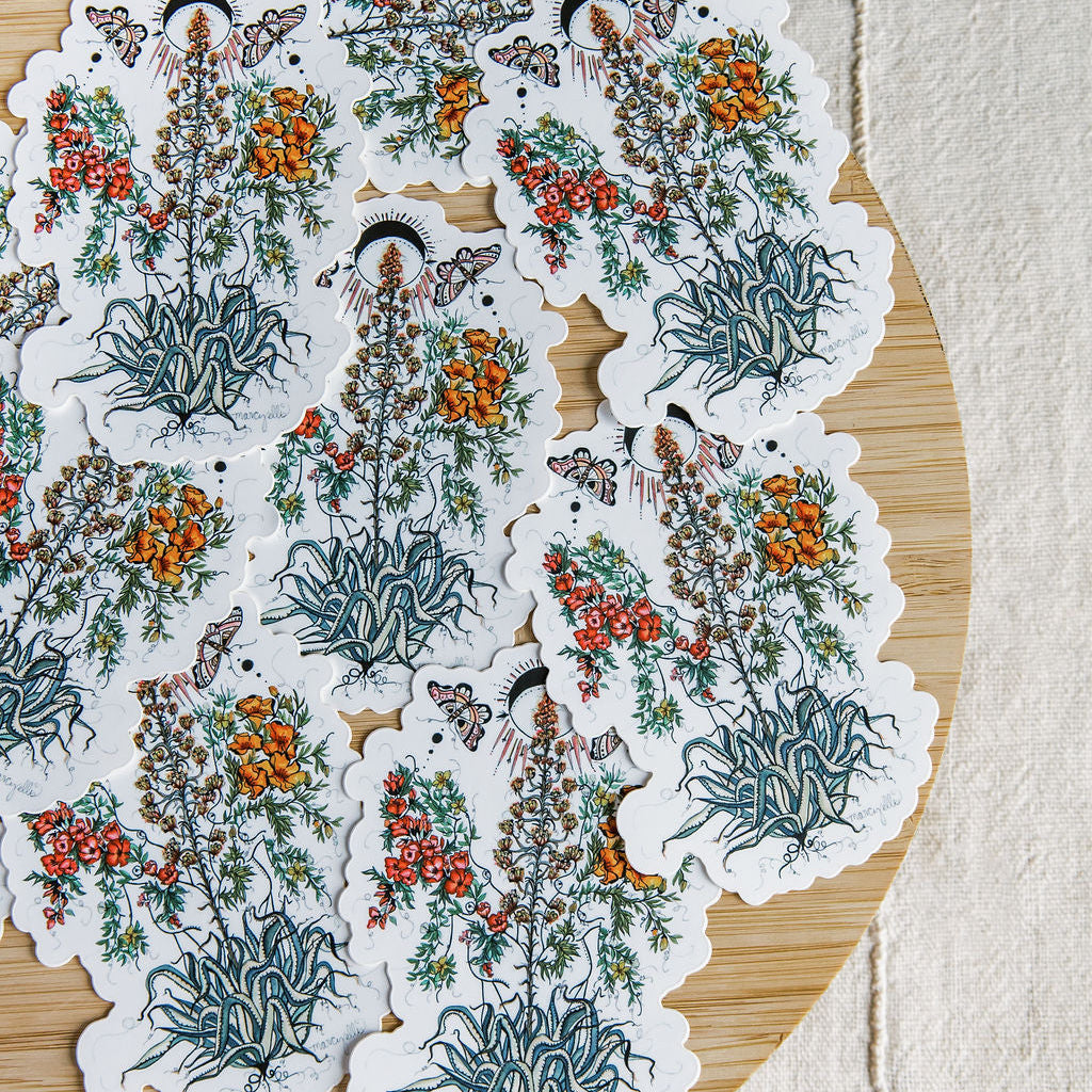 hand-painted watercolor sticker of two feminine figures blooming beside an agave plant. waterproof matte vinyl, designed by tucson artist marcy ellis. a gift for your sister in spirit.