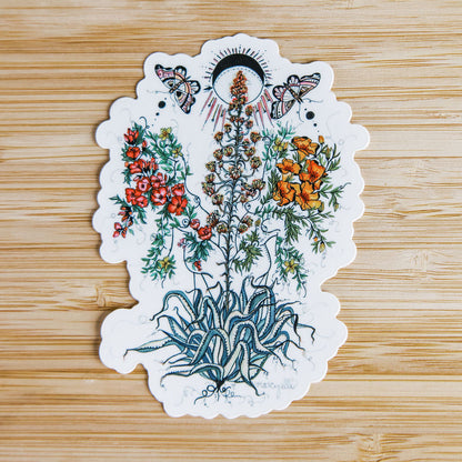 hand-painted watercolor sticker of two feminine figures blooming beside an agave plant. waterproof matte vinyl, designed by tucson artist marcy ellis. a gift for your sister in spirit.