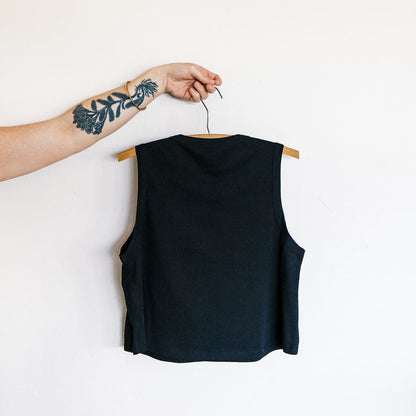 back of crested saguaro sister screen printed black crop tank with ivory ink illustration by marcy ellis