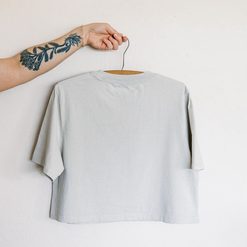 Back of monsoon caller screen printed crop tee with creosote flowers and desert rain clouds by marcy ellis