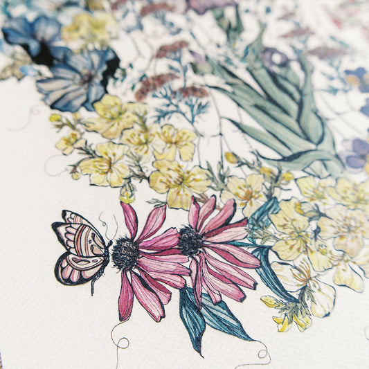 Watercolor art print of feminine figures in a lush botanical garden surrounded by flowers and moon phases on a cream background
