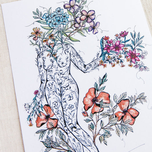 Watercolor art print of a feminine nude figure surrounded by colorful florals on a white background