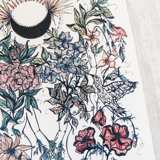 Watercolor art print of two intertwined feminine figures surrounded by blooming florals under a beaming moon