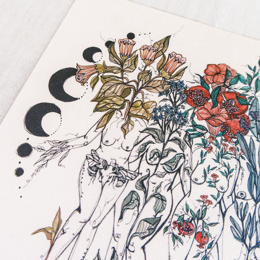 Watercolor art print of six feminine figures with lunar moon phases and florals on a cream background
