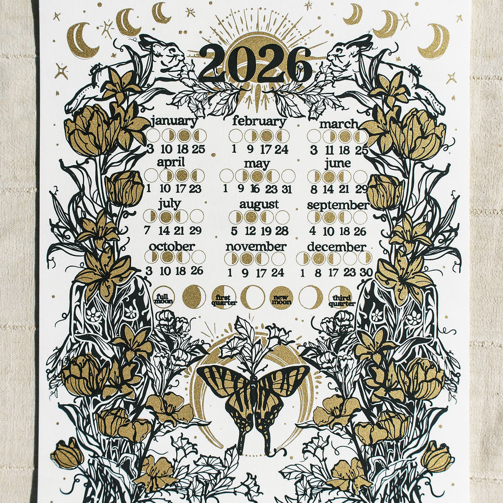 2026 calendar with floral and butterfly design on a textured beige background