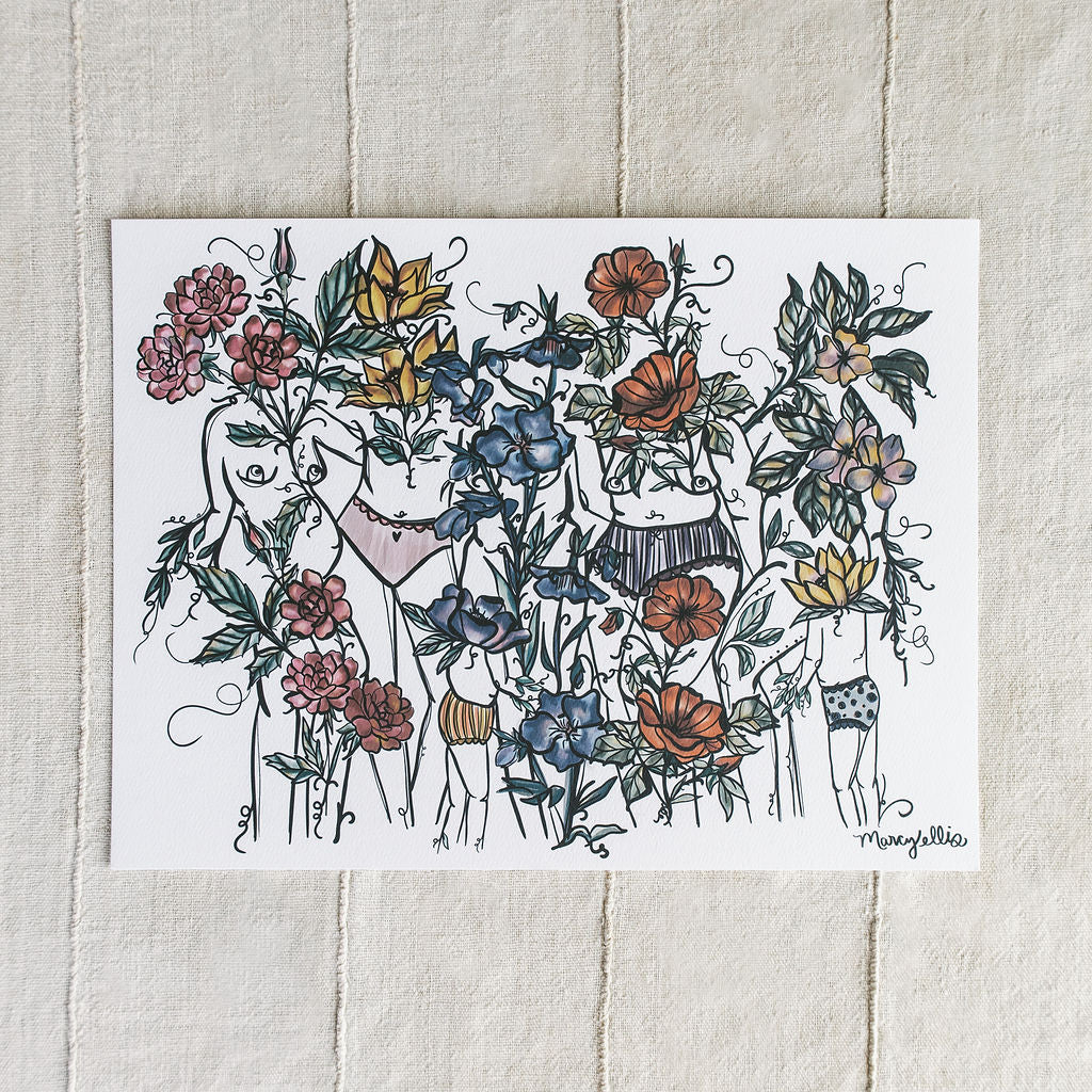 an art print by Marcy Ellis with five botanical figures with flowers growing throughout. 
