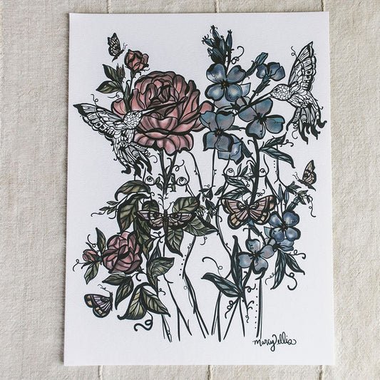 art print of two botanical figures with flowers growing intertwined by Marcy Ellis 