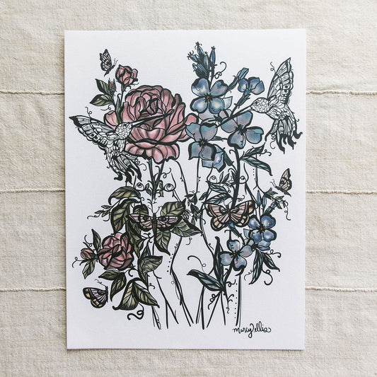 A botanical art print featuring two botanical figures pink roses, blue flowers, and hummingbirds by Marcy Ellis