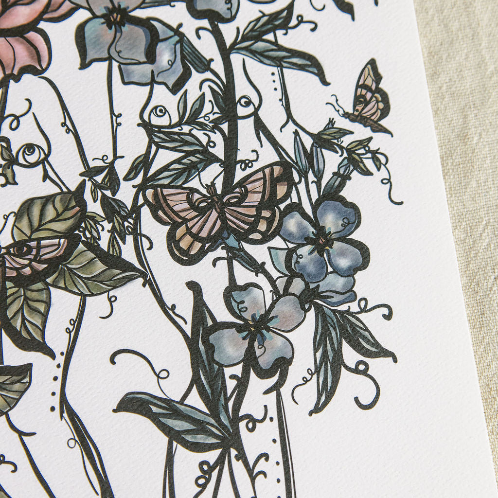 close up of art print featuring two botanical figures by Marcy Ellis. 