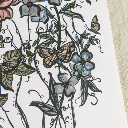 close up of art print featuring two botanical figures by Marcy Ellis. 
