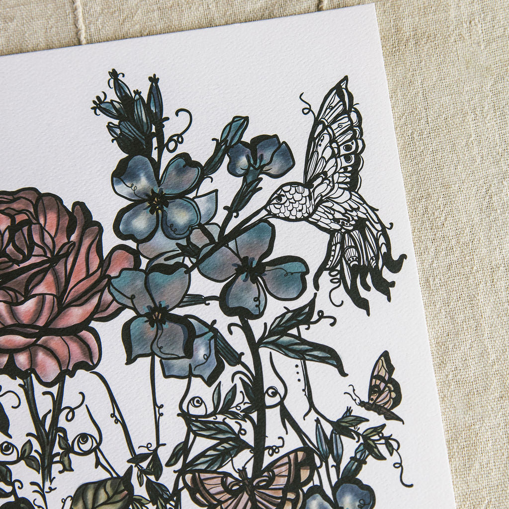 close up of art print featuring two botanical figures by Marcy Ellis. 