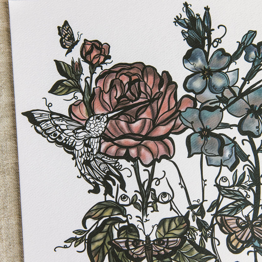 close up of art print featuring two botanical figures by Marcy Ellis. 