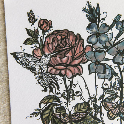 close up of art print featuring two botanical figures by Marcy Ellis. 