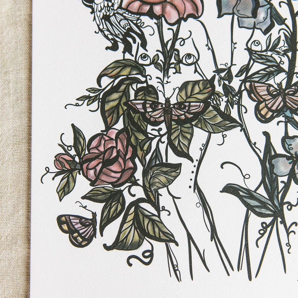 close up of art print featuring two botanical figures by Marcy Ellis. 