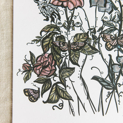 close up of art print featuring two botanical figures by Marcy Ellis. 